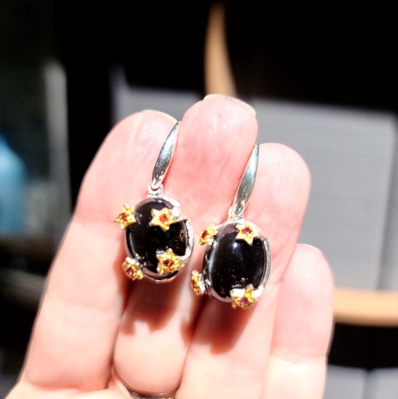 Cats Eye &Rhodolite sterling & gold STUNNING earrings - Picture 4 of 5